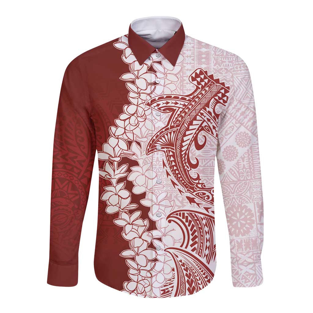 Polynesian Crimson Plumeria Lei Long Sleeve Button Shirt with Hammerhead Shark