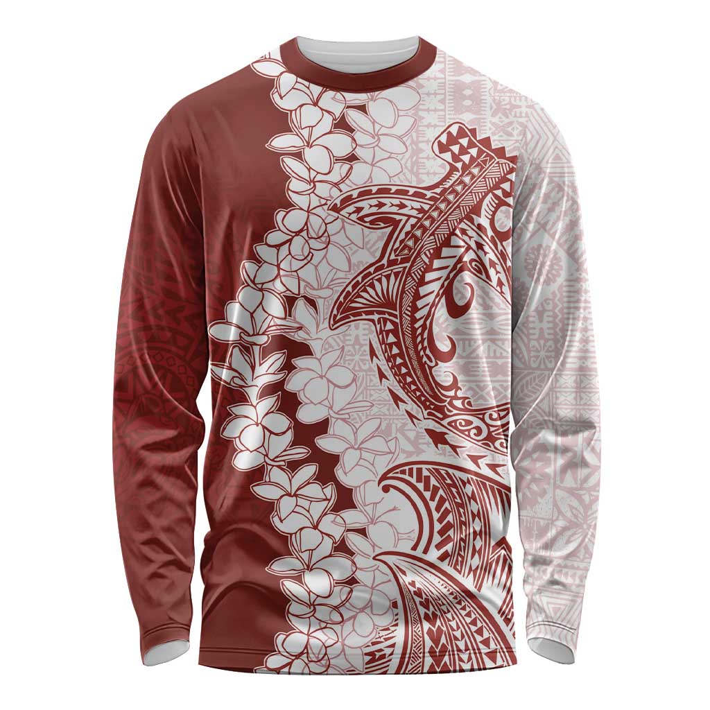 Polynesian Crimson Plumeria Lei Long Sleeve Shirt with Hammerhead Shark