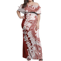 Polynesian Crimson Plumeria Lei Off Shoulder Maxi Dress with Hammerhead Shark