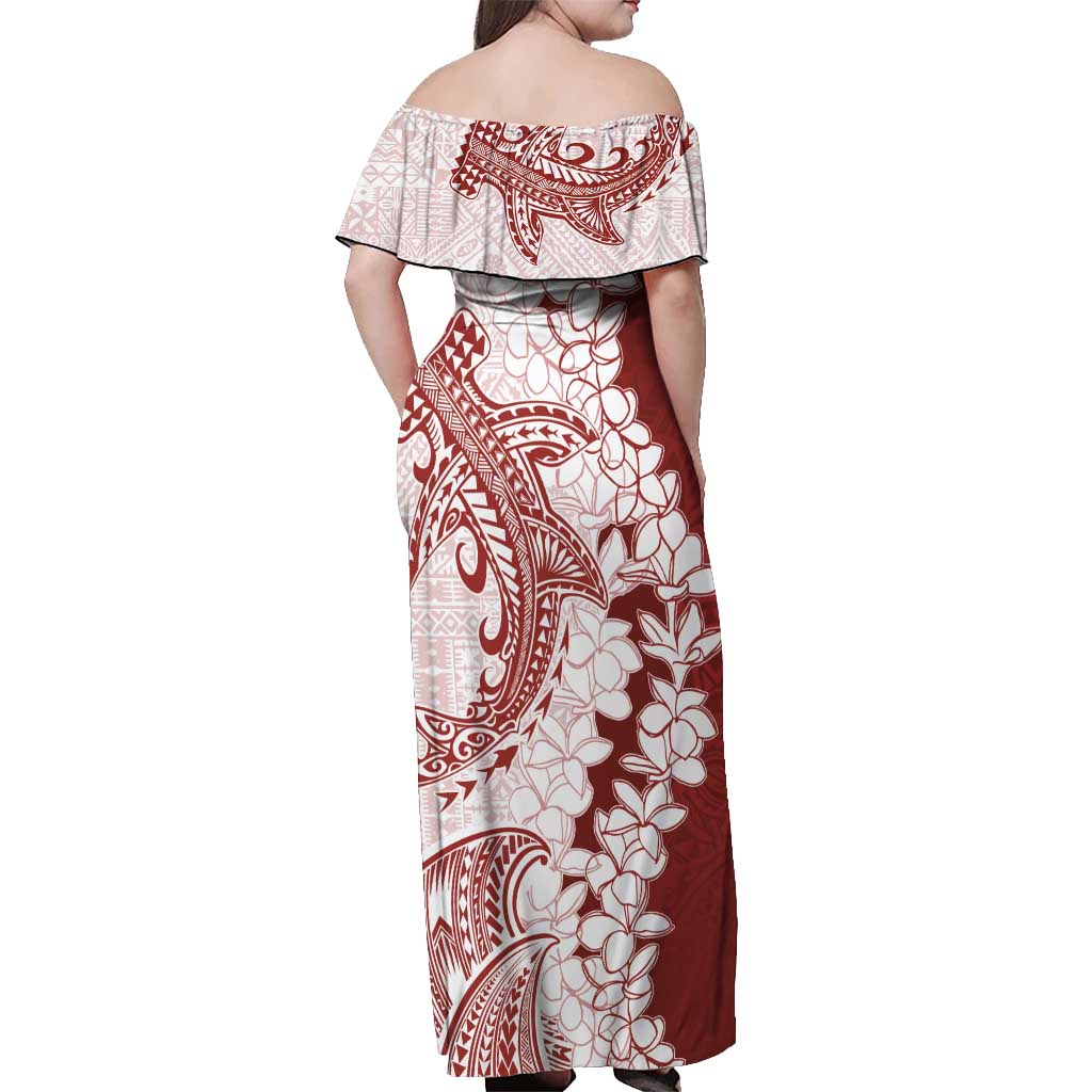 Polynesian Crimson Plumeria Lei Off Shoulder Maxi Dress with Hammerhead Shark
