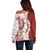 Polynesian Crimson Plumeria Lei Off Shoulder Sweater with Hammerhead Shark