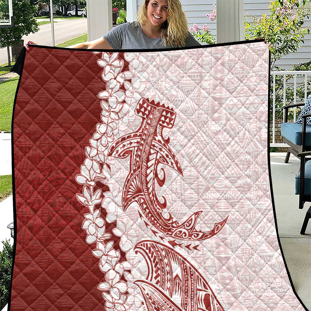 Polynesian Crimson Plumeria Lei Quilt with Hammerhead Shark