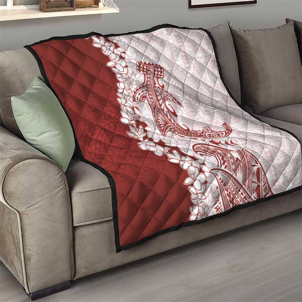 Polynesian Crimson Plumeria Lei Quilt with Hammerhead Shark