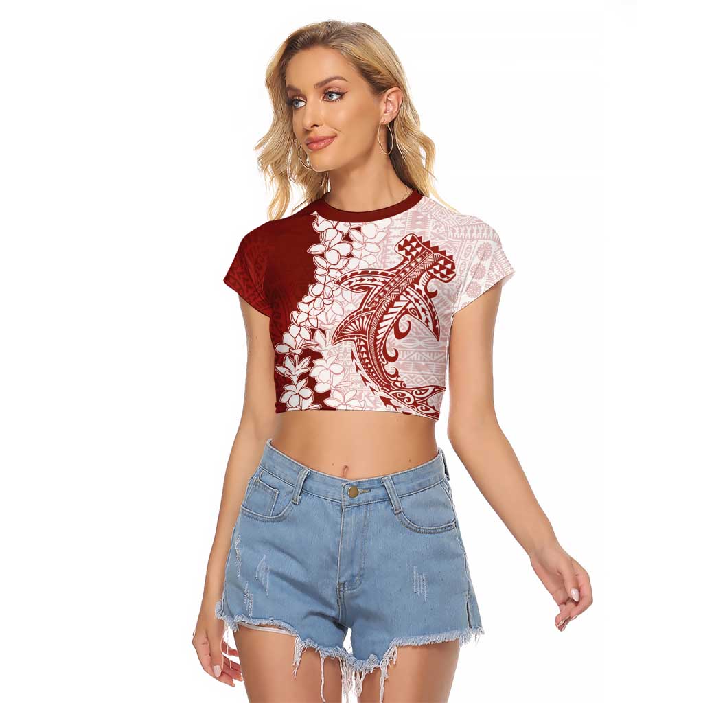 Polynesian Crimson Plumeria Lei Raglan Cropped T Shirt with Hammerhead Shark LT7 Female Red - Polynesian Pride