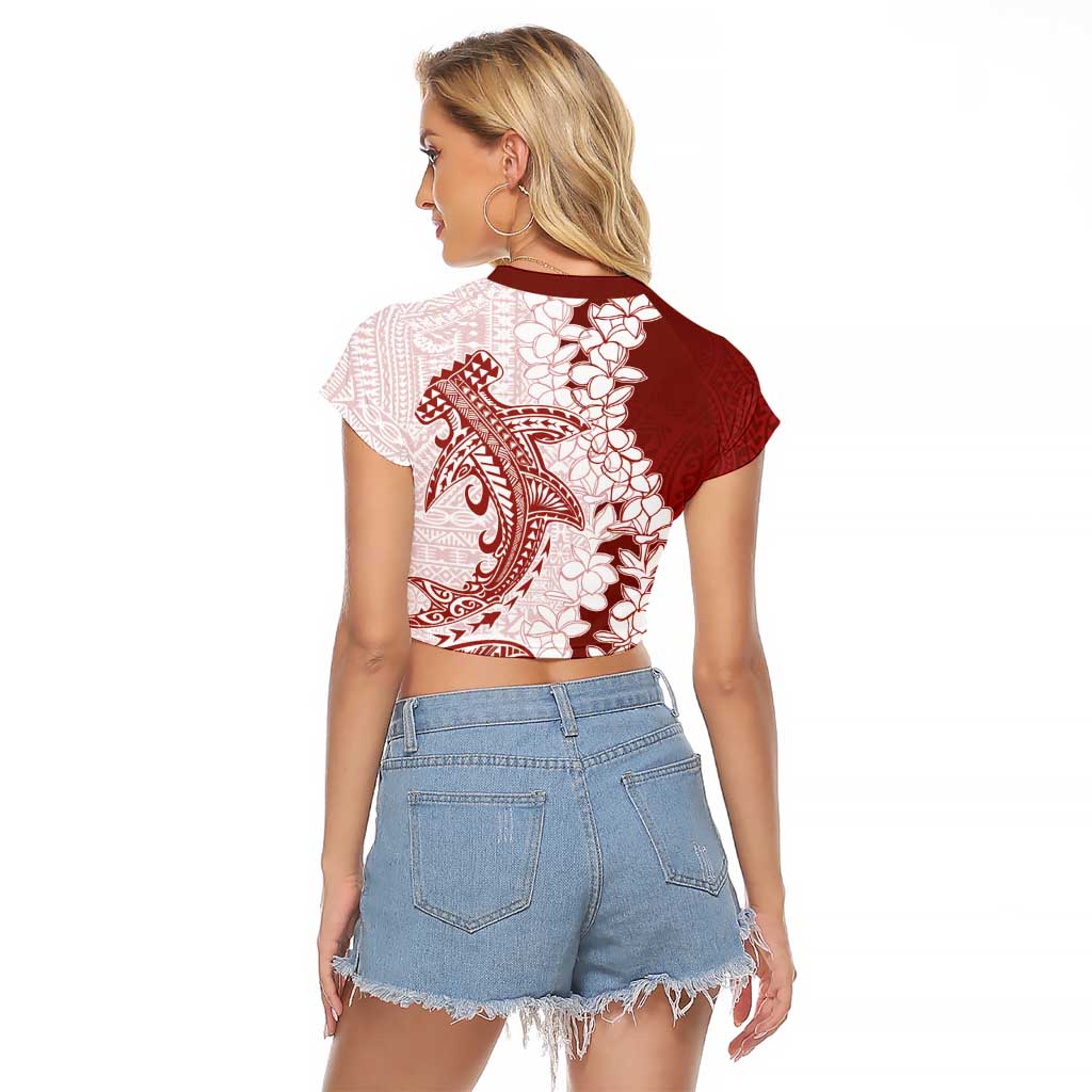 Polynesian Crimson Plumeria Lei Raglan Cropped T Shirt with Hammerhead Shark LT7 - Polynesian Pride