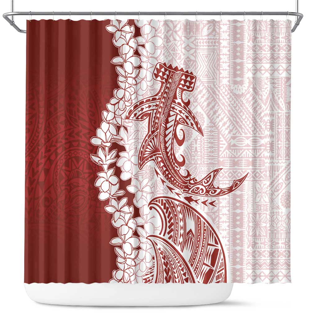 Polynesian Crimson Plumeria Lei Shower Curtain with Hammerhead Shark