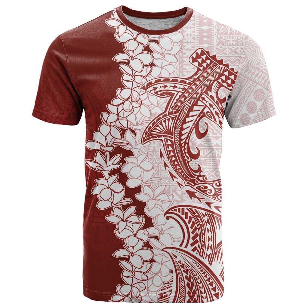Polynesian Crimson Plumeria Lei T Shirt with Hammerhead Shark LT7 Red - Polynesian Pride
