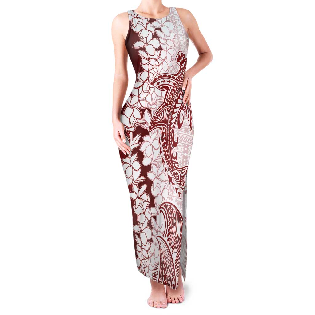 Polynesian Crimson Plumeria Lei Tank Maxi Dress with Hammerhead Shark