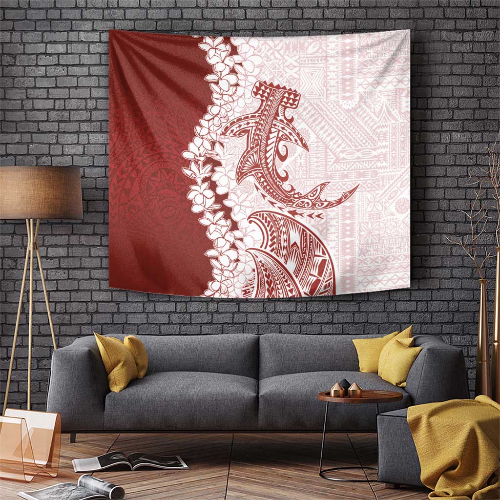 Polynesian Crimson Plumeria Lei Tapestry with Hammerhead Shark