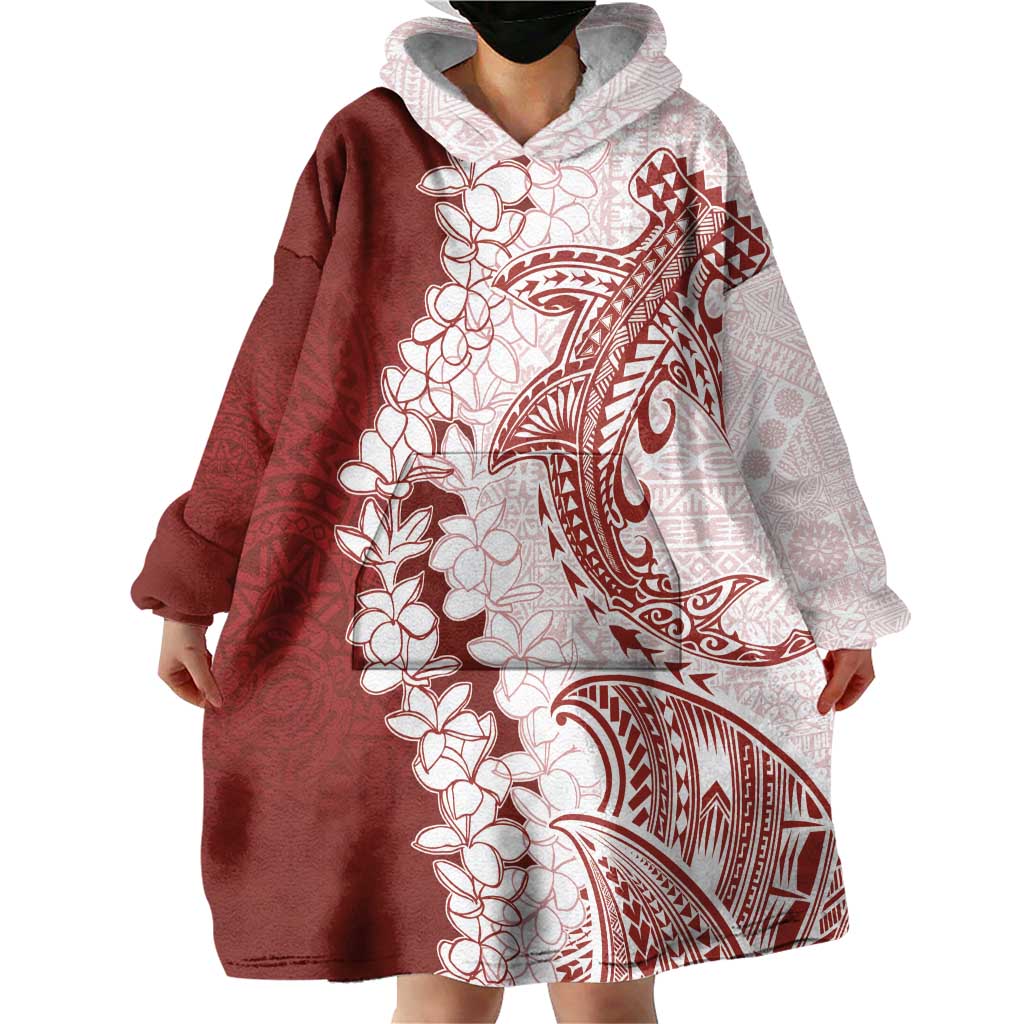 Polynesian Crimson Plumeria Lei Wearable Blanket Hoodie with Hammerhead Shark LT7 - Polynesian Pride