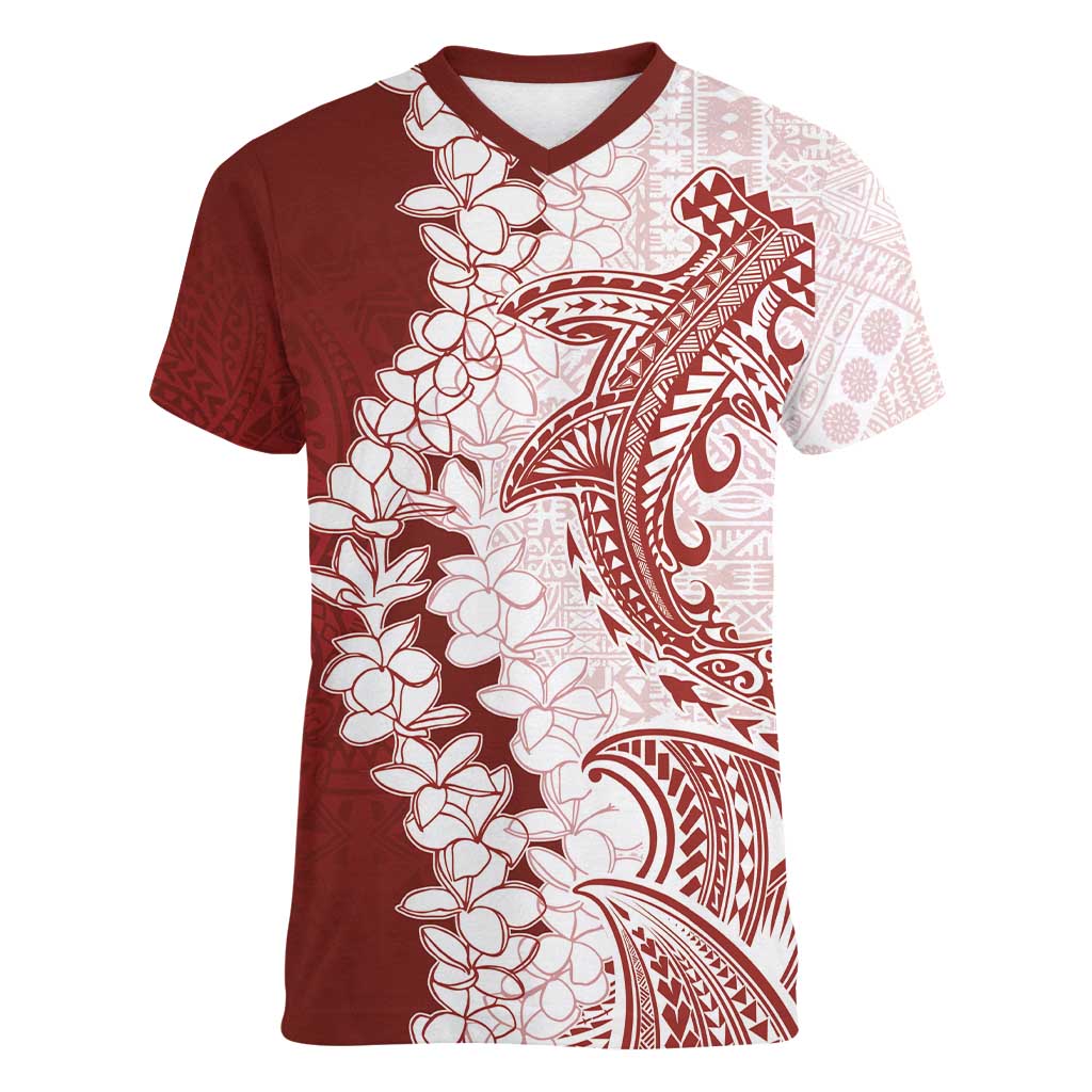 Polynesian Crimson Plumeria Lei Women V-Neck T-Shirt with Hammerhead Shark LT7 Female Red - Polynesian Pride
