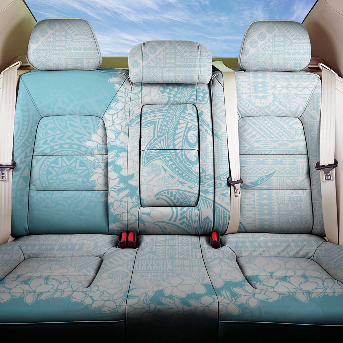 Polynesian Turquoise Plumeria Lei Back Car Seat Cover with Hammerhead Shark