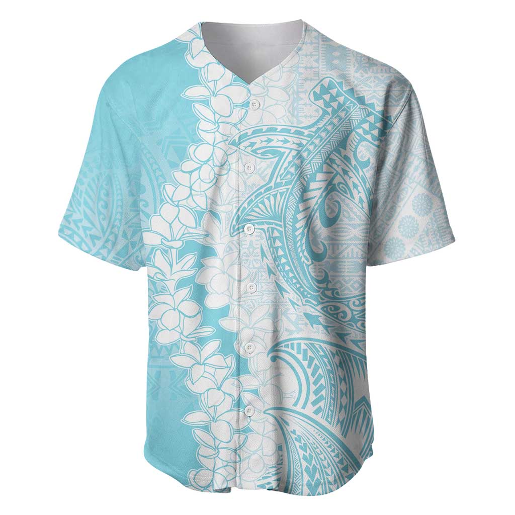 Polynesian Turquoise Plumeria Lei Baseball Jersey with Hammerhead Shark