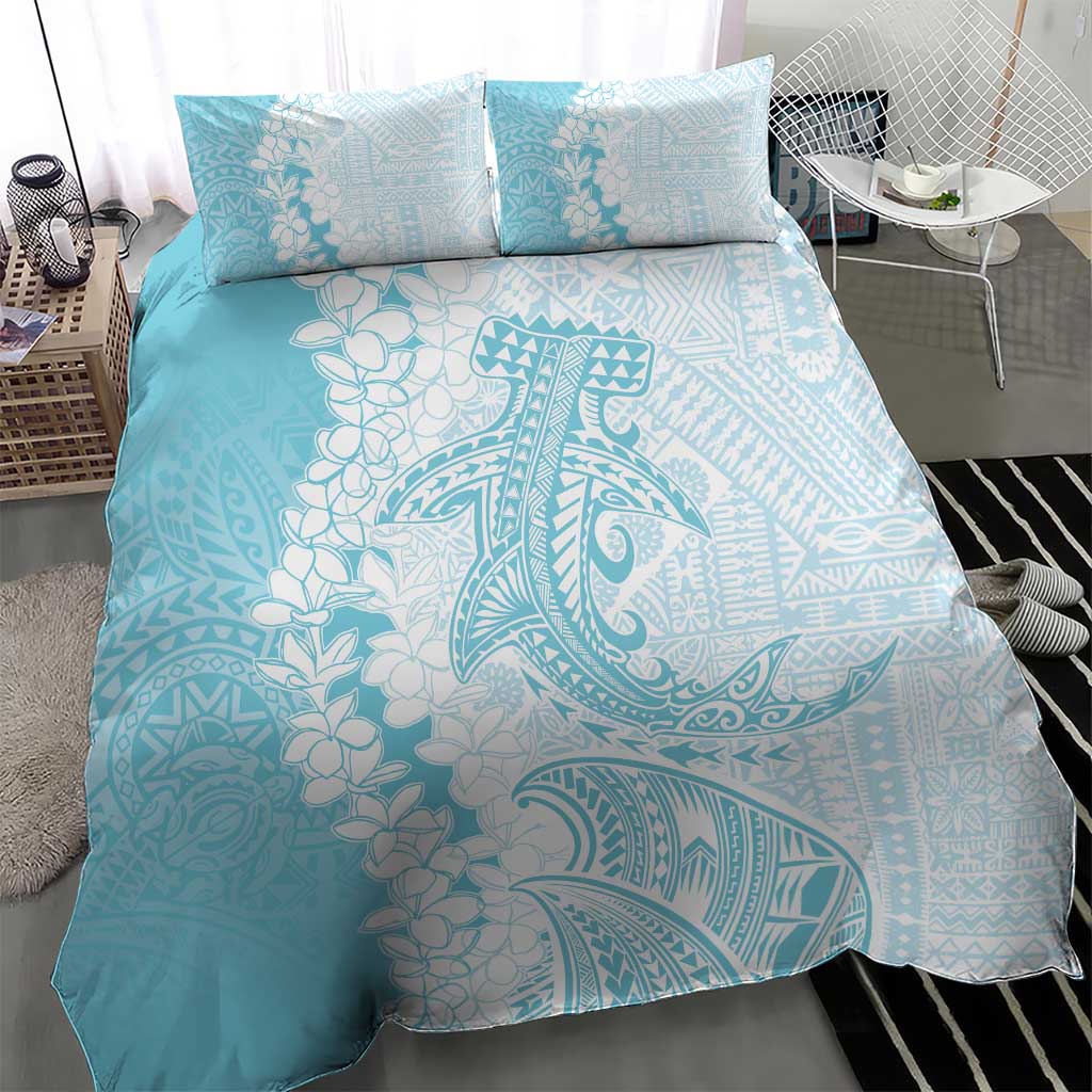 Polynesian Turquoise Plumeria Lei Bedding Set with Hammerhead Shark