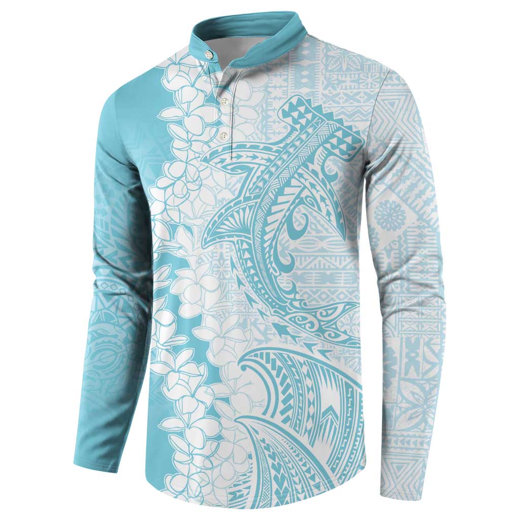 Polynesian Turquoise Plumeria Lei Button Sweatshirt with Hammerhead Shark LT7 - Polynesian Pride