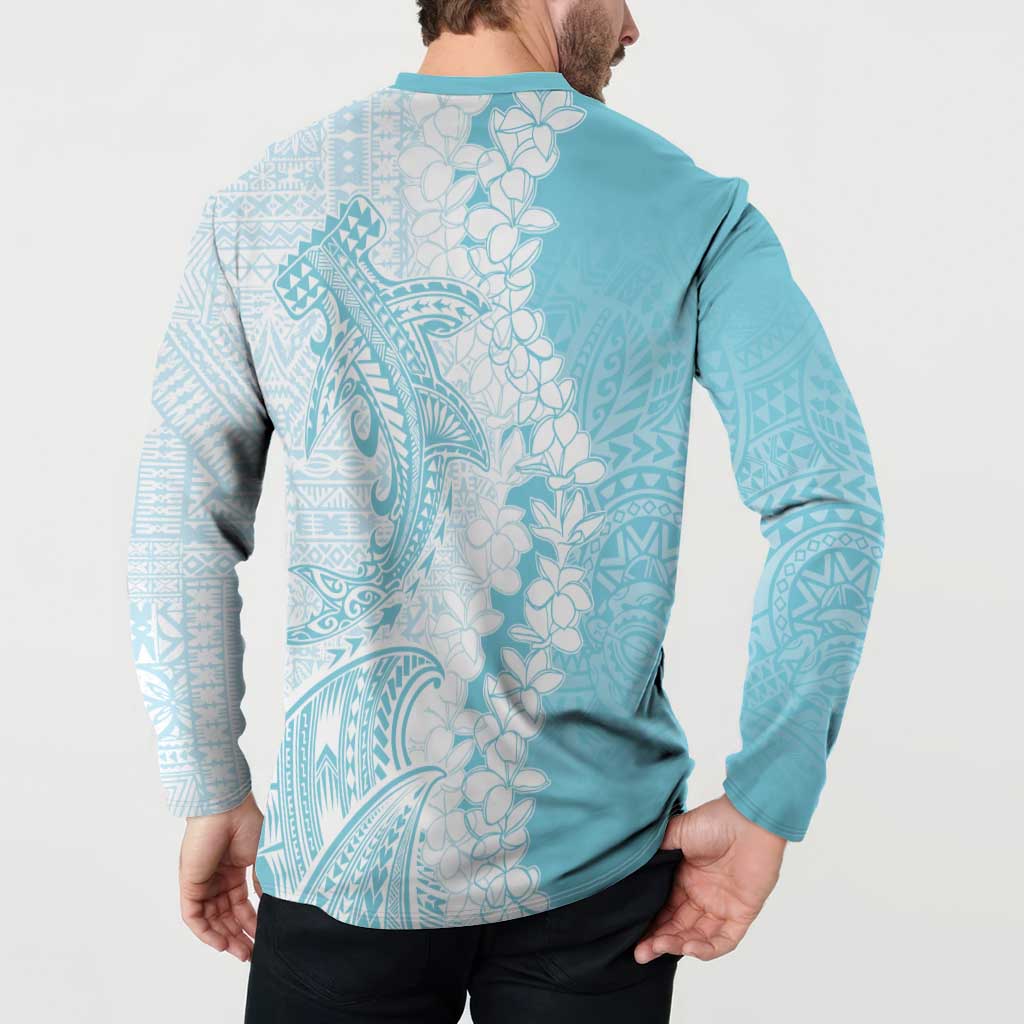 Polynesian Turquoise Plumeria Lei Button Sweatshirt with Hammerhead Shark LT7 - Polynesian Pride