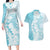 Polynesian Turquoise Plumeria Lei Couples Matching Long Sleeve Bodycon Dress and Hawaiian Shirt with Hammerhead Shark