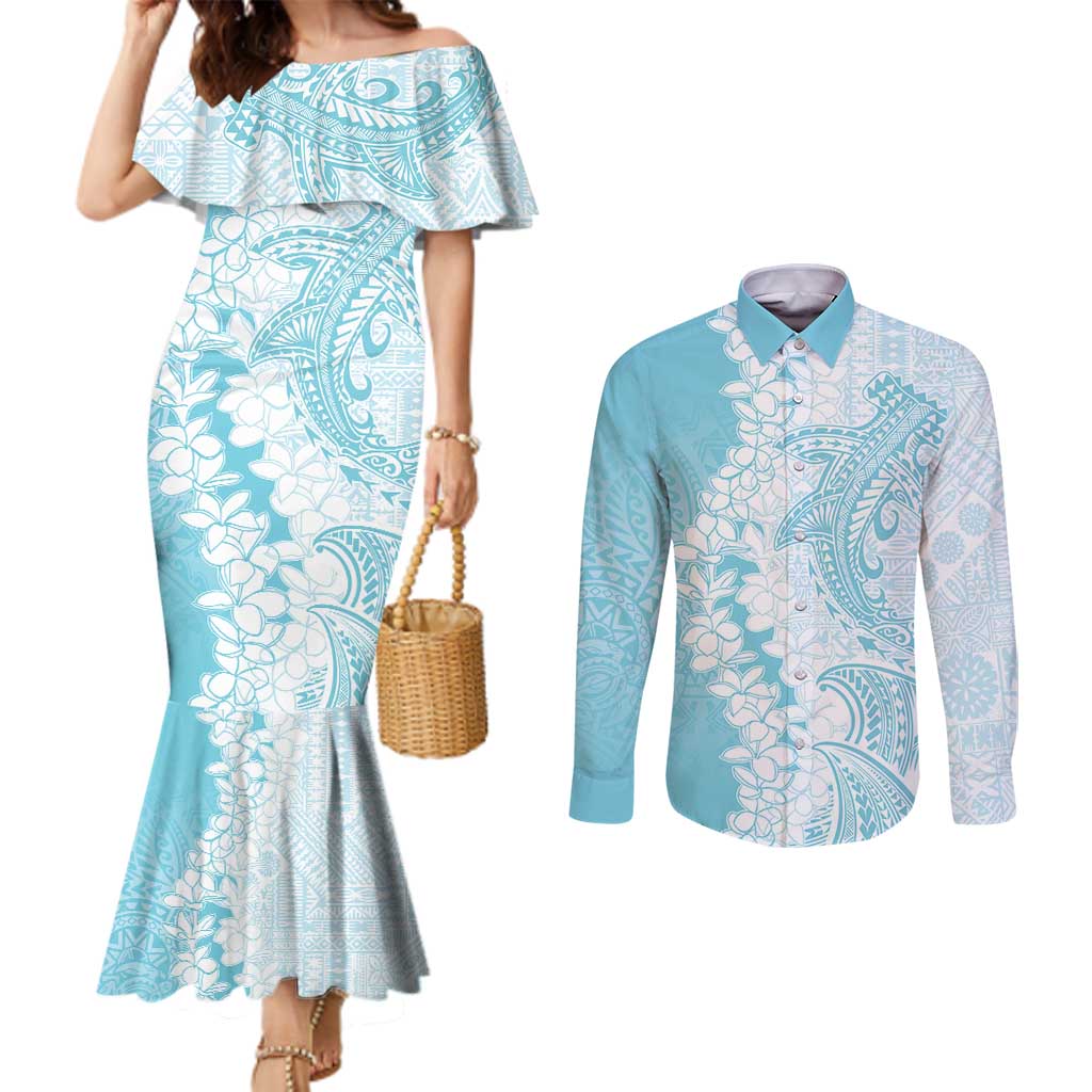 Polynesian Turquoise Plumeria Lei Couples Matching Mermaid Dress and Long Sleeve Button Shirt with Hammerhead Shark LT7 Turquoise - Polynesian Pride