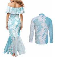 Polynesian Turquoise Plumeria Lei Couples Matching Mermaid Dress and Long Sleeve Button Shirt with Hammerhead Shark LT7 - Polynesian Pride