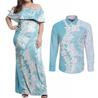 Polynesian Turquoise Plumeria Lei Couples Matching Off Shoulder Maxi Dress and Long Sleeve Button Shirt with Hammerhead Shark LT7 Turquoise - Polynesian Pride