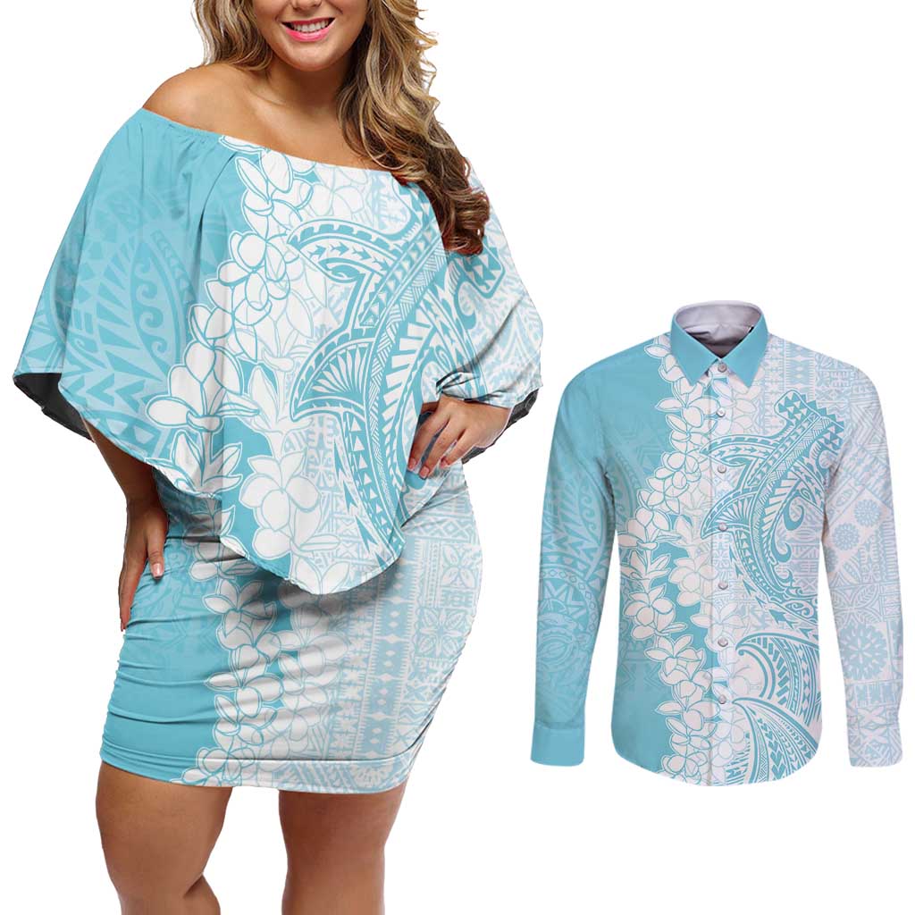 Polynesian Turquoise Plumeria Lei Couples Matching Off Shoulder Short Dress and Long Sleeve Button Shirt with Hammerhead Shark LT7 Turquoise - Polynesian Pride