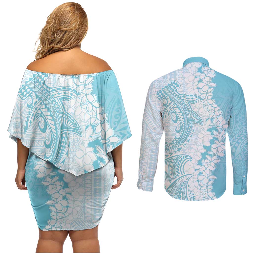 Polynesian Turquoise Plumeria Lei Couples Matching Off Shoulder Short Dress and Long Sleeve Button Shirt with Hammerhead Shark LT7 - Polynesian Pride