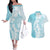 Polynesian Turquoise Plumeria Lei Couples Matching Off The Shoulder Long Sleeve Dress and Hawaiian Shirt with Hammerhead Shark