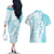 Polynesian Turquoise Plumeria Lei Couples Matching Off The Shoulder Long Sleeve Dress and Hawaiian Shirt with Hammerhead Shark