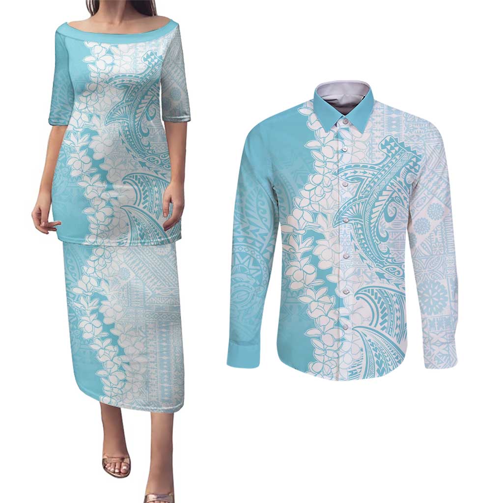 Polynesian Turquoise Plumeria Lei Couples Matching Puletasi and Long Sleeve Button Shirt with Hammerhead Shark LT7 Turquoise - Polynesian Pride