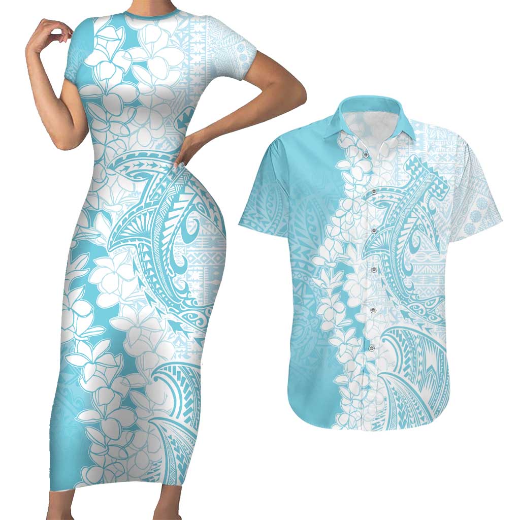 Polynesian Turquoise Plumeria Lei Couples Matching Short Sleeve Bodycon Dress and Hawaiian Shirt with Hammerhead Shark