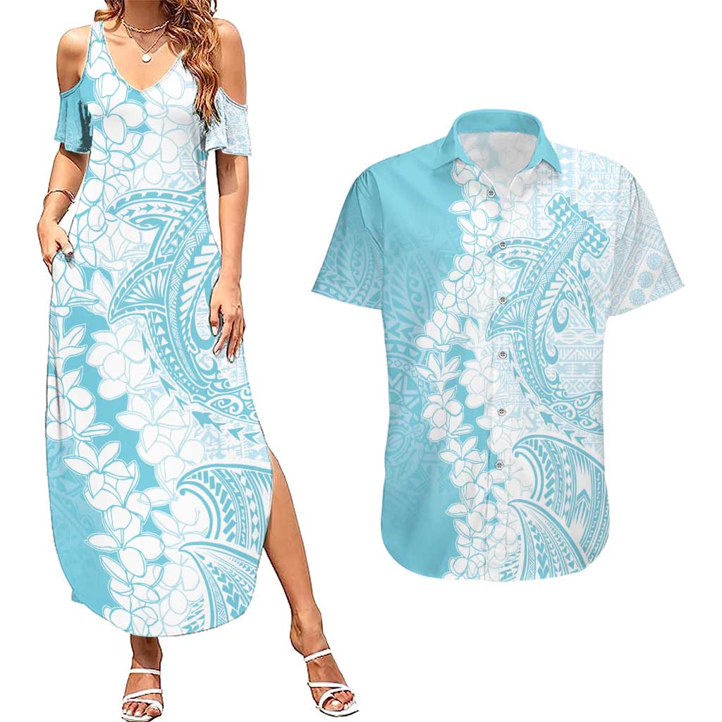 Polynesian Turquoise Plumeria Lei Couples Matching Summer Maxi Dress and Hawaiian Shirt with Hammerhead Shark LT7 Turquoise - Polynesian Pride