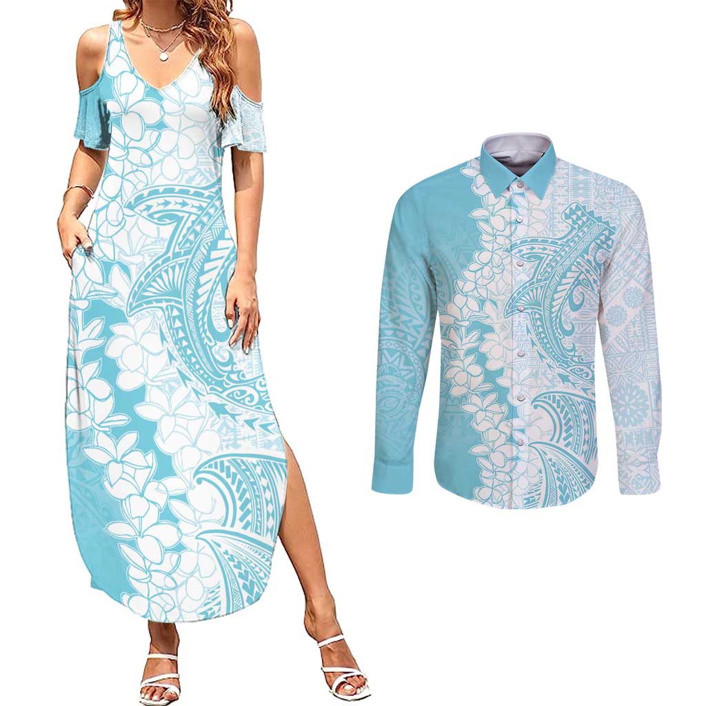 Polynesian Turquoise Plumeria Lei Couples Matching Summer Maxi Dress and Long Sleeve Button Shirt with Hammerhead Shark LT7 Turquoise - Polynesian Pride