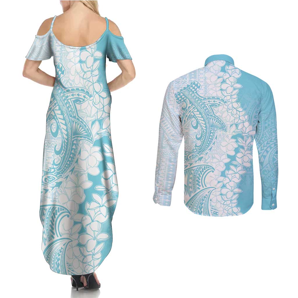 Polynesian Turquoise Plumeria Lei Couples Matching Summer Maxi Dress and Long Sleeve Button Shirt with Hammerhead Shark LT7 - Polynesian Pride