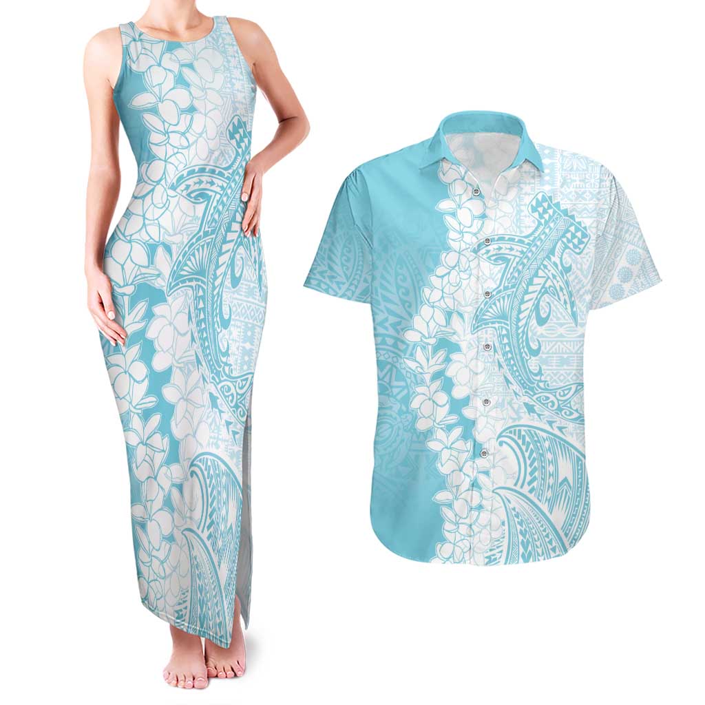 Polynesian Turquoise Plumeria Lei Couples Matching Tank Maxi Dress and Hawaiian Shirt with Hammerhead Shark LT7 Turquoise - Polynesian Pride