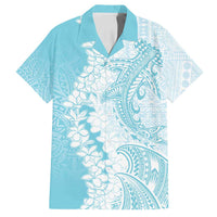 Polynesian Turquoise Plumeria Lei Family Matching Long Sleeve Bodycon Dress and Hawaiian Shirt with Hammerhead Shark