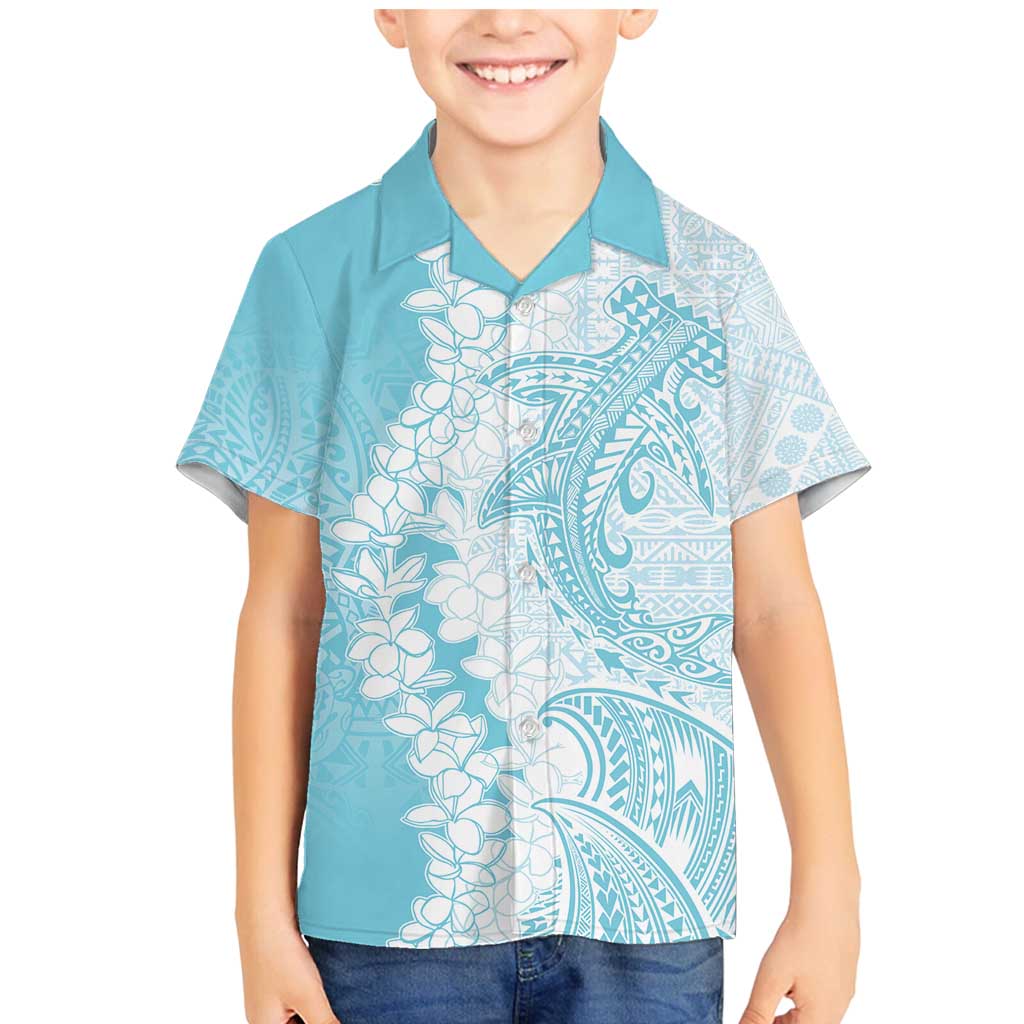 Polynesian Turquoise Plumeria Lei Family Matching Mermaid Dress and Hawaiian Shirt with Hammerhead Shark