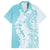 Polynesian Turquoise Plumeria Lei Family Matching Off The Shoulder Long Sleeve Dress and Hawaiian Shirt with Hammerhead Shark