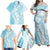 Polynesian Turquoise Plumeria Lei Family Matching Off Shoulder Maxi Dress and Hawaiian Shirt with Hammerhead Shark