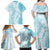 Polynesian Turquoise Plumeria Lei Family Matching Off Shoulder Maxi Dress and Hawaiian Shirt with Hammerhead Shark