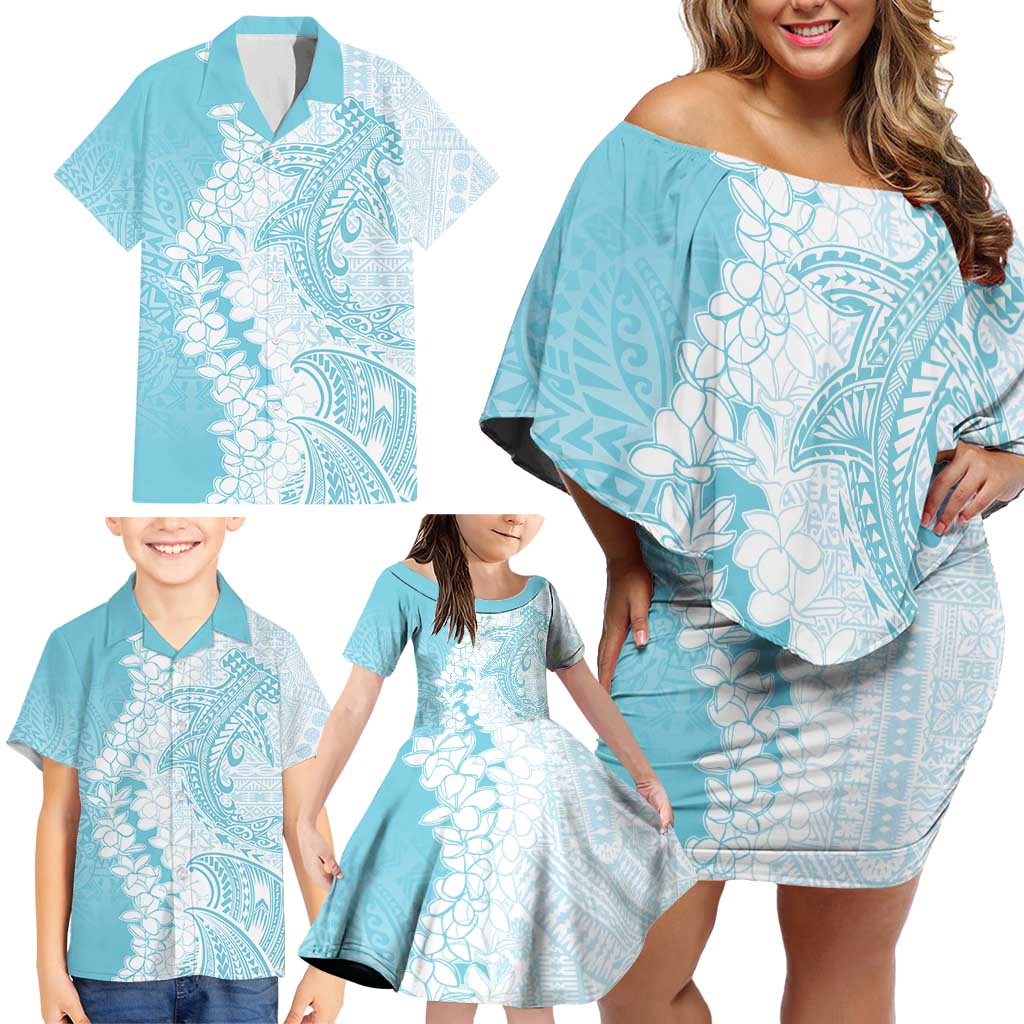 Polynesian Turquoise Plumeria Lei Family Matching Off Shoulder Short Dress and Hawaiian Shirt with Hammerhead Shark