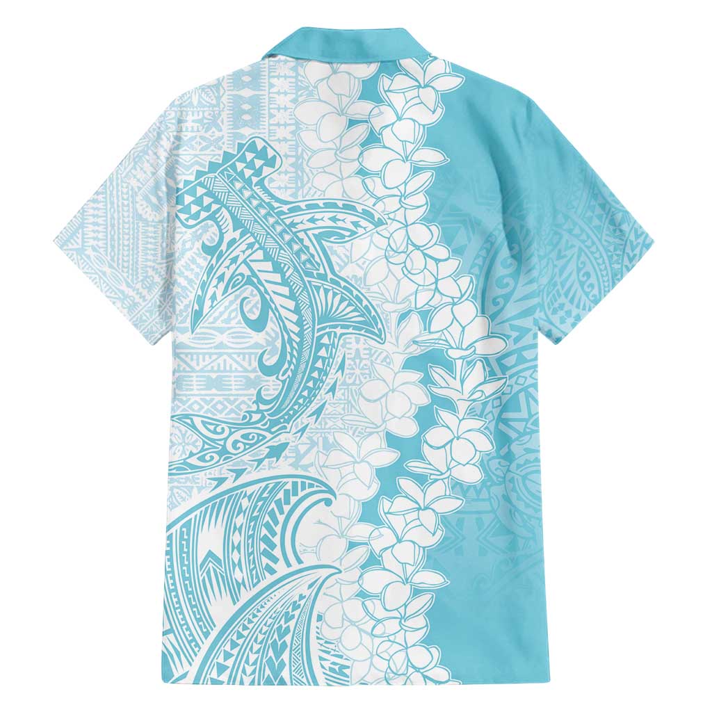 Polynesian Turquoise Plumeria Lei Family Matching Off Shoulder Short Dress and Hawaiian Shirt with Hammerhead Shark