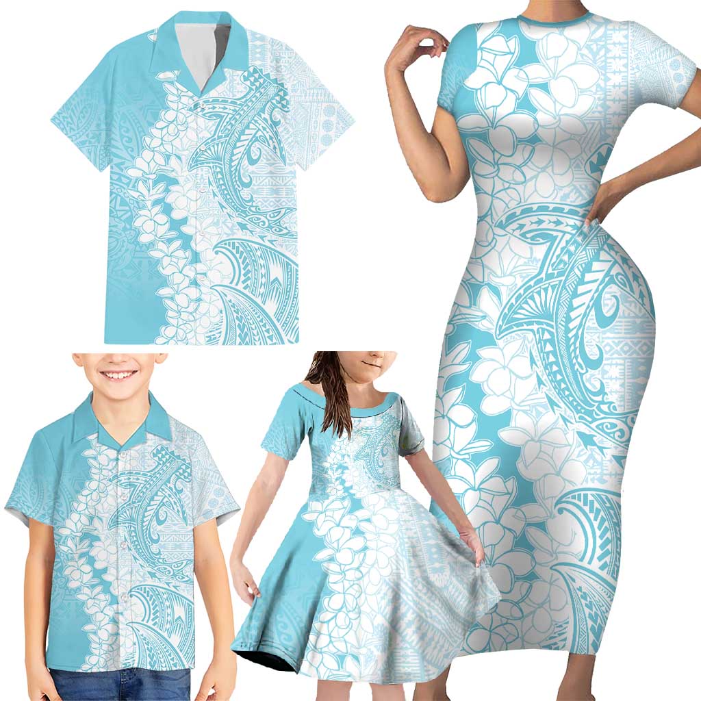 Polynesian Turquoise Plumeria Lei Family Matching Short Sleeve Bodycon Dress and Hawaiian Shirt with Hammerhead Shark