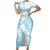 Polynesian Turquoise Plumeria Lei Family Matching Short Sleeve Bodycon Dress and Hawaiian Shirt with Hammerhead Shark