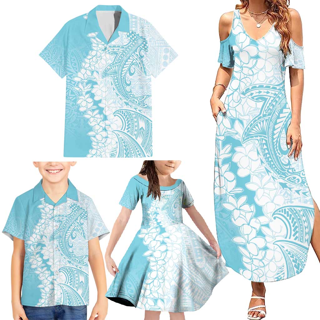 Polynesian Turquoise Plumeria Lei Family Matching Summer Maxi Dress and Hawaiian Shirt with Hammerhead Shark