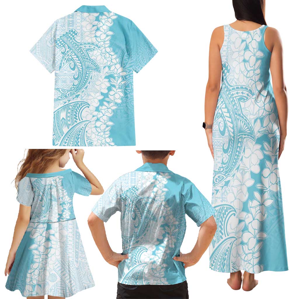 Polynesian Turquoise Plumeria Lei Family Matching Tank Maxi Dress and Hawaiian Shirt with Hammerhead Shark