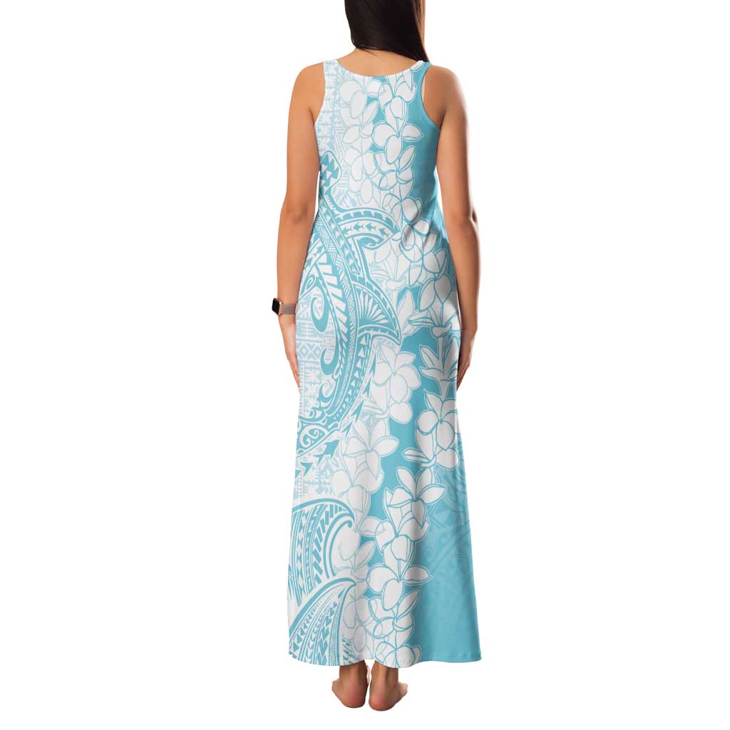 Polynesian Turquoise Plumeria Lei Family Matching Tank Maxi Dress and Hawaiian Shirt with Hammerhead Shark