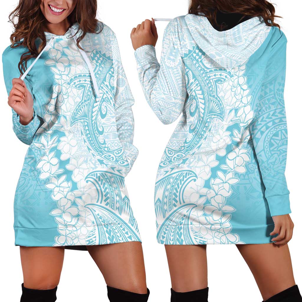 Polynesian Turquoise Plumeria Lei Hoodie Dress with Hammerhead Shark LT7 - Polynesian Pride