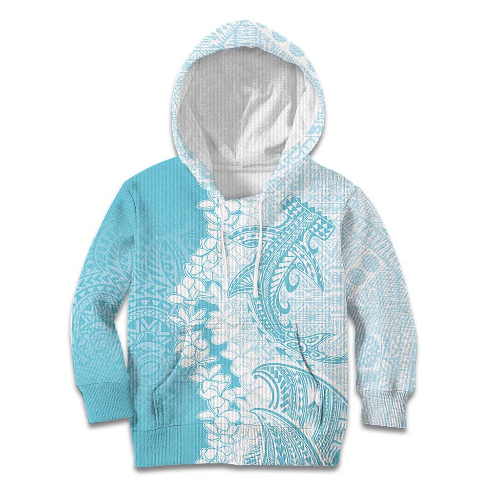 Polynesian Turquoise Plumeria Lei Kid Hoodie with Hammerhead Shark