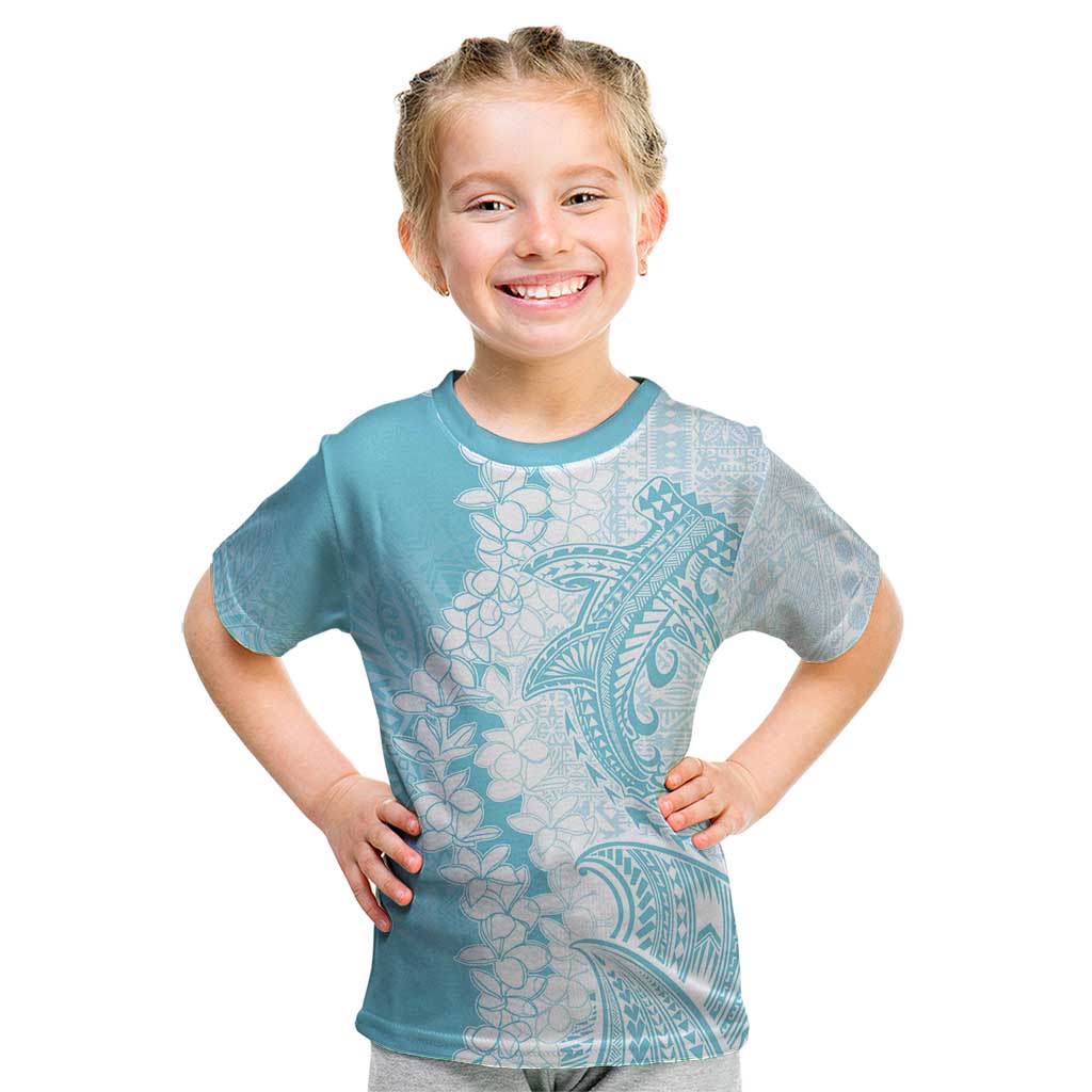 Polynesian Turquoise Plumeria Lei Kid T Shirt with Hammerhead Shark