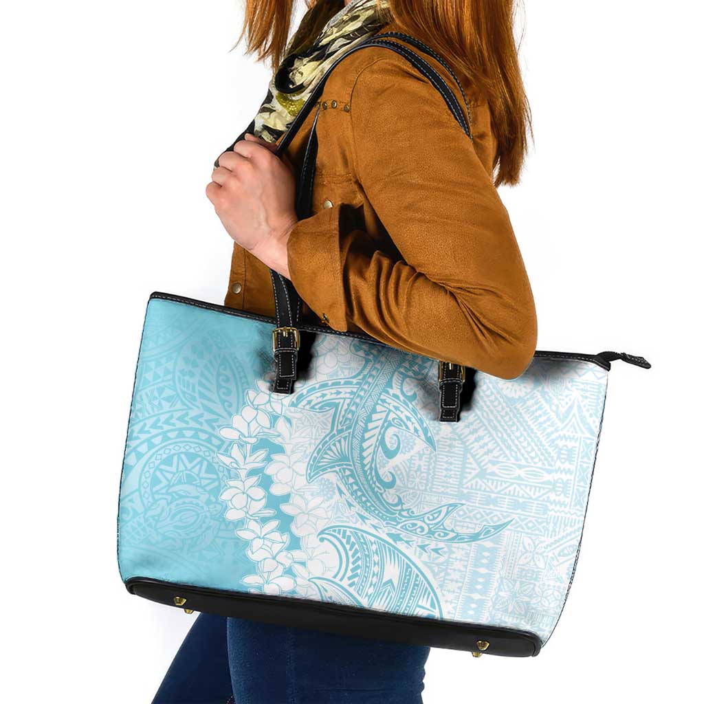 Polynesian Turquoise Plumeria Lei Leather Tote Bag with Hammerhead Shark LT7 Turquoise - Polynesian Pride